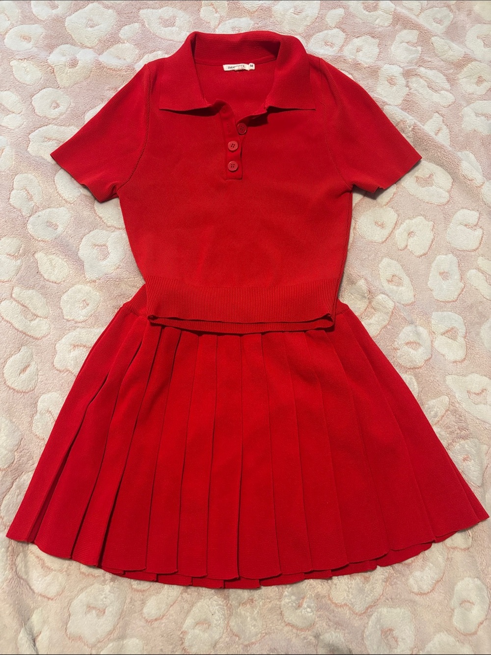 Red Knit Polo top with Pleated Skirt